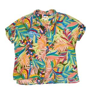 C&C California Linen Tropical Leaf Print Button Up Short Sleeve Shirt Women's L